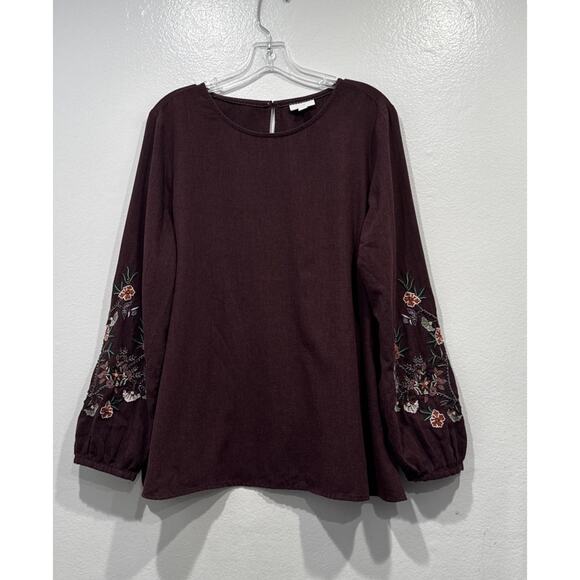 J. Jill Tops - J Jill Maroon Embroidered Beaded Floral Long Sleeve Top Cottagecore